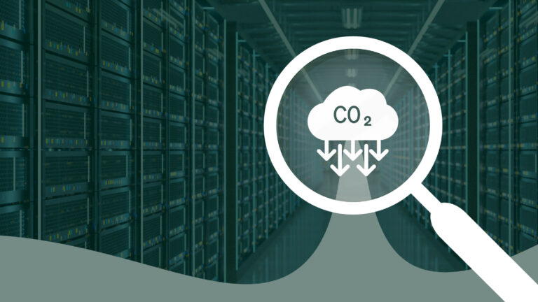 Magnifying glass with CO2 inside cloud. Arrows pointing down.